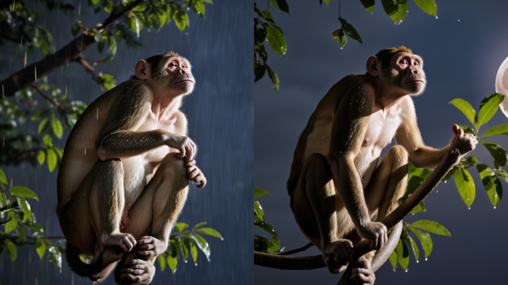 Picture of a monkey sitting in tree brand with and without raining